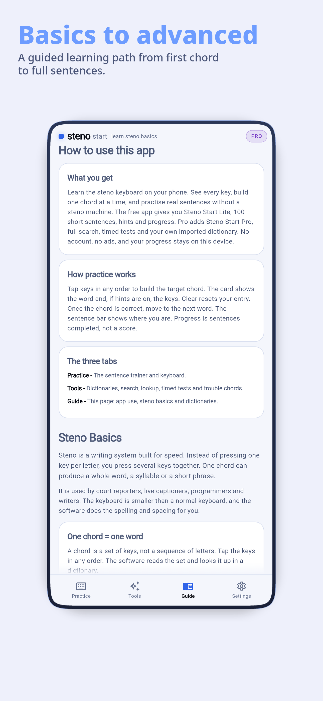 Steno Start Pro tools screen with timed tests, a trouble-chord log and sentence practice.
